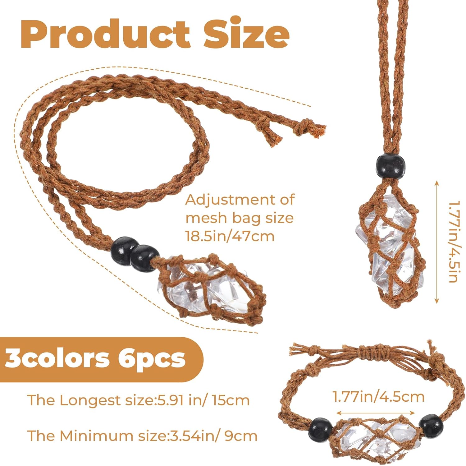 6PCS Adjustable Crystal Holder Necklace Cage and Bracelet Cord Holders, Empty Stone Necklaces Cord Hand-Woven Replacement Pendant Net Cages for Quartz Gemstone, DIY Jewelry Making(3 Colors) - Image 2