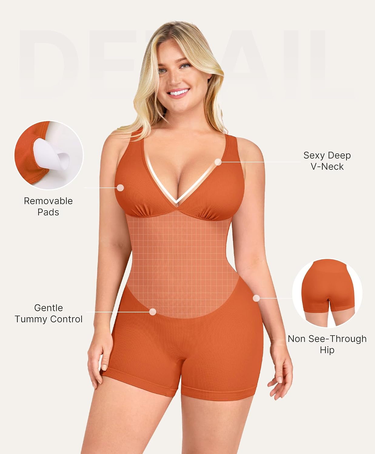 SHAPELLX Jumpsuits for Women Tummy Control Workout Romper One Piece Gym Outfits Sexy V Neck Sleeveless Short Bodysuit