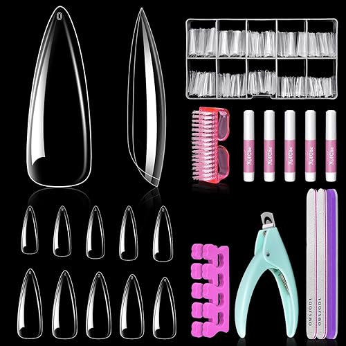 IKOCO - 500 puntas de uñas transparentes de almendra de cobertura completa, uñas postizas profesionales de aguja con pegamento, cortaúñas, lima de