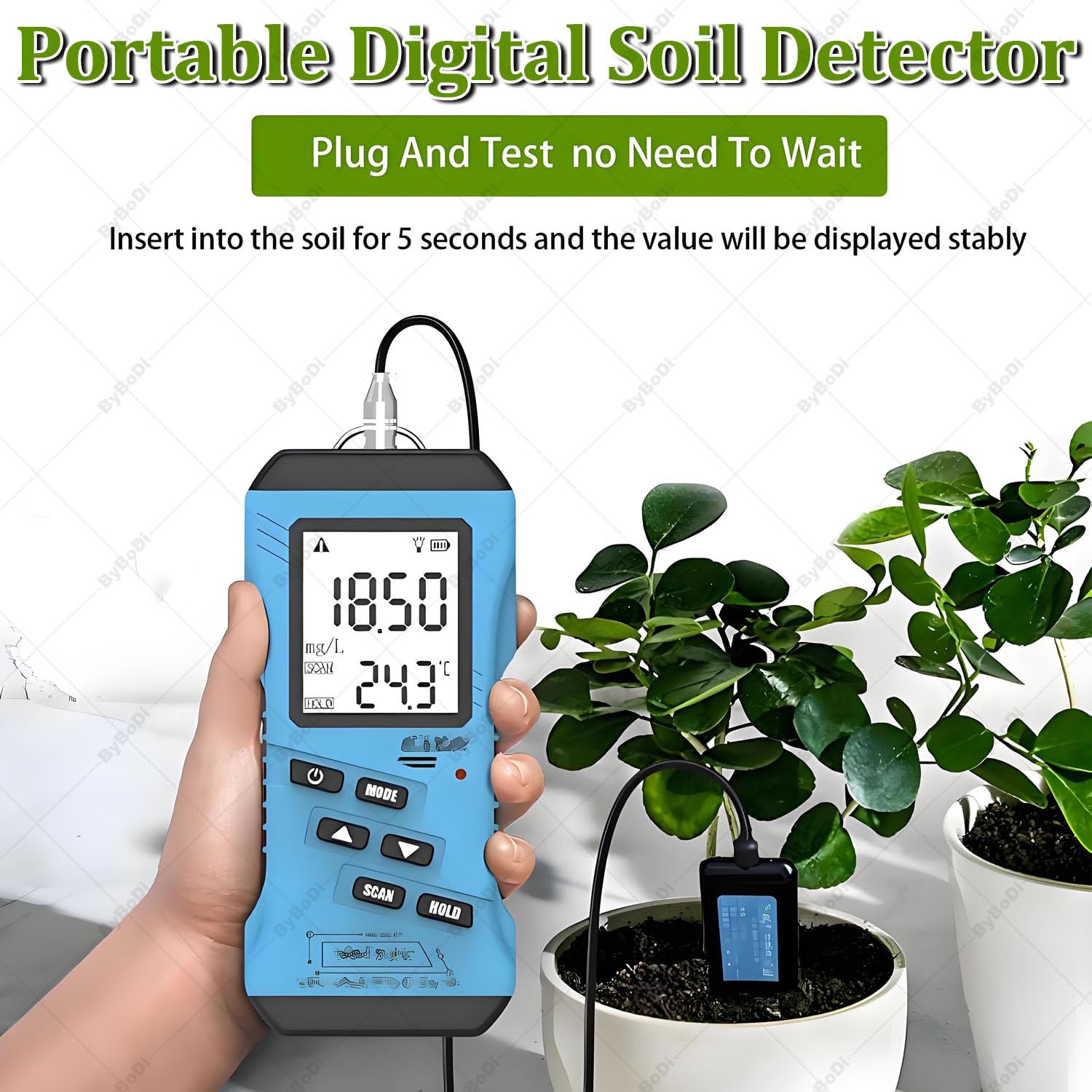 Misuratore di pH del suolo, tester 7 in 1 del suolo con sensore di umidità e temperatura, kit di test da giardino LCD retroilluminato per prato, fattoria, piante da interno ed esterno