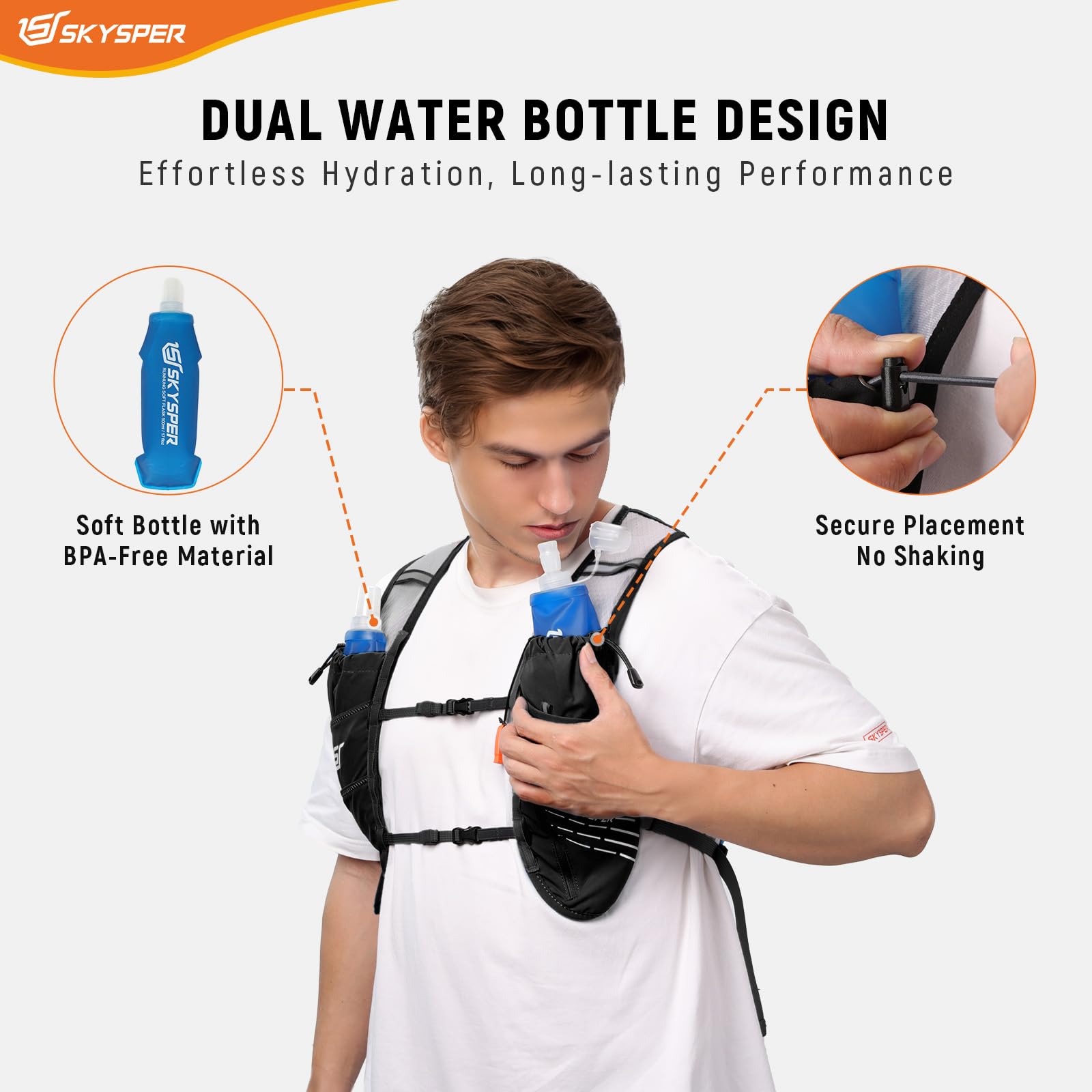 SKYSPER Chaleco de Hidratación Running 12L, Chaleco Ligero con 2 Botellas 500ML y Diseño Reflectante para Trail Maratón y Senderismo