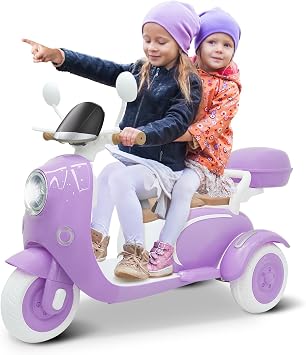 12V Ride on Motorcycle for Kids, 2 Seater Electric Moped, Purple | Remote Control, Storage Box, Up to 5Mph, 2X50W Motor, Music, Wireless, LED Light, Horn, Hook, Comfy Grip, Stable Trike Design