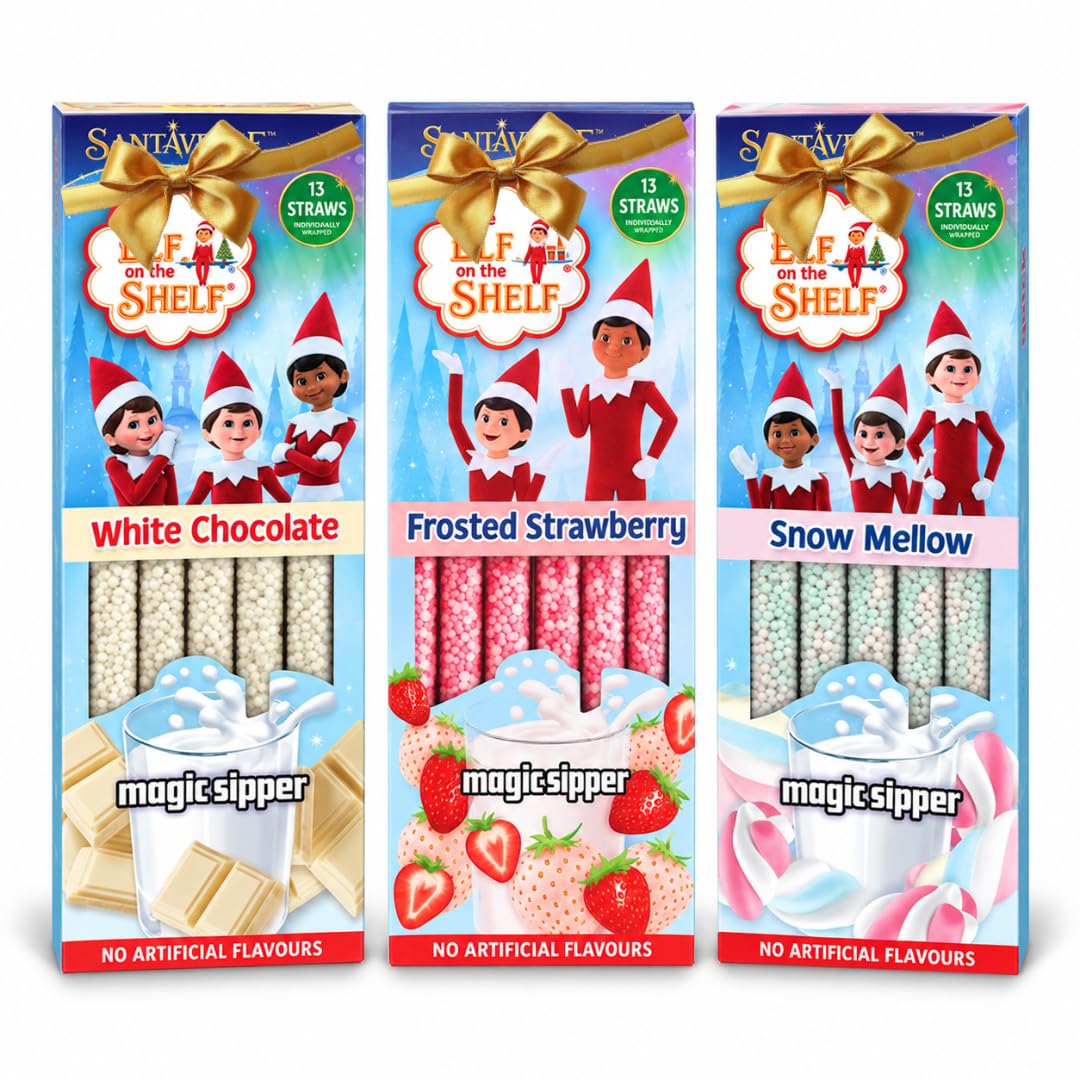 Quick Milk Magic Sipper Elf on Shelf Milk Straws 13pk x 3 | 39 Quick Milk Straws, White Chocolate, Snow Mellow & Frosted Strawberry Milk – Christmas Stocking Fillers
