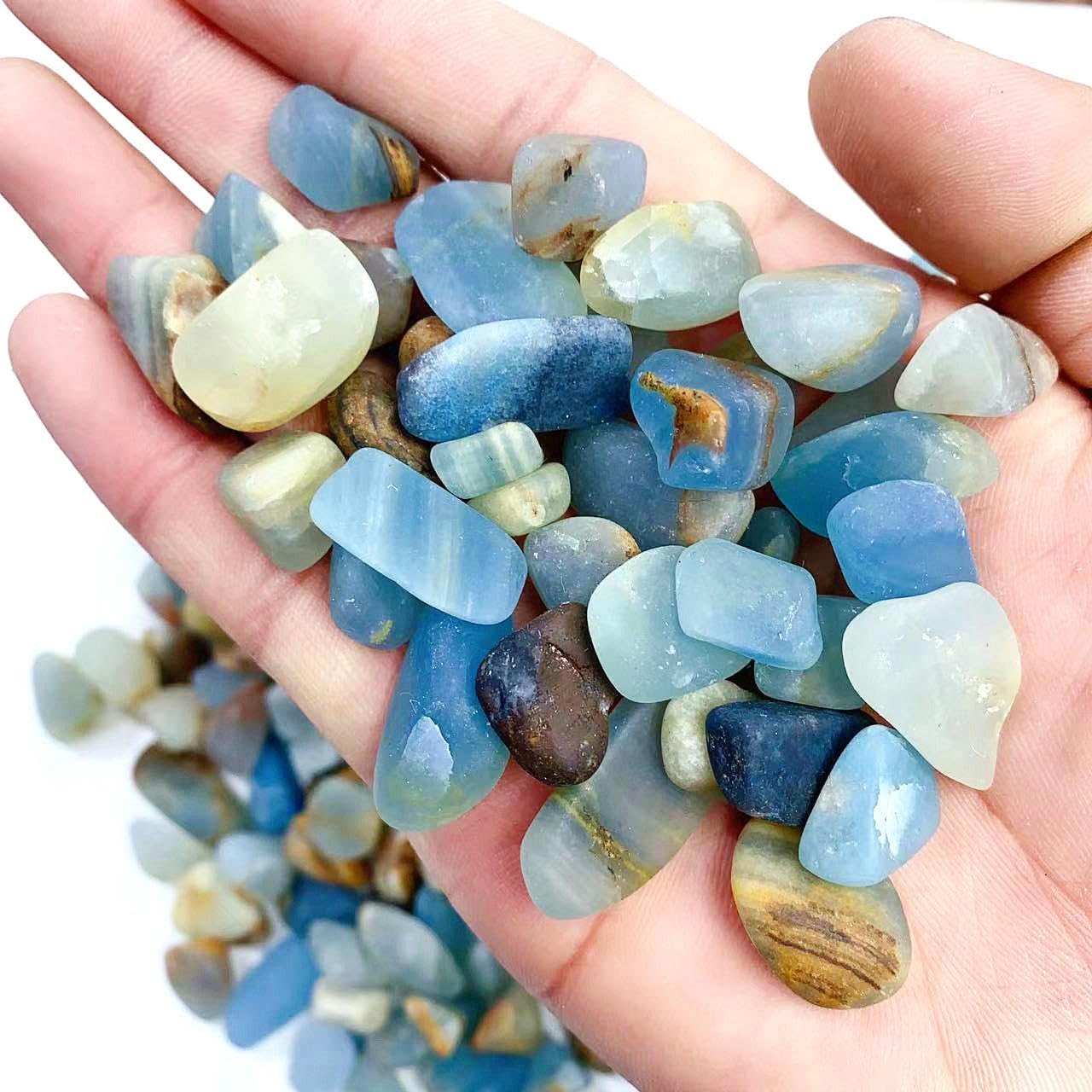 300g Natural Energy Stripe Crystal Gravel Blue Onyx Tumbled Healing Stone 12mm-17mm