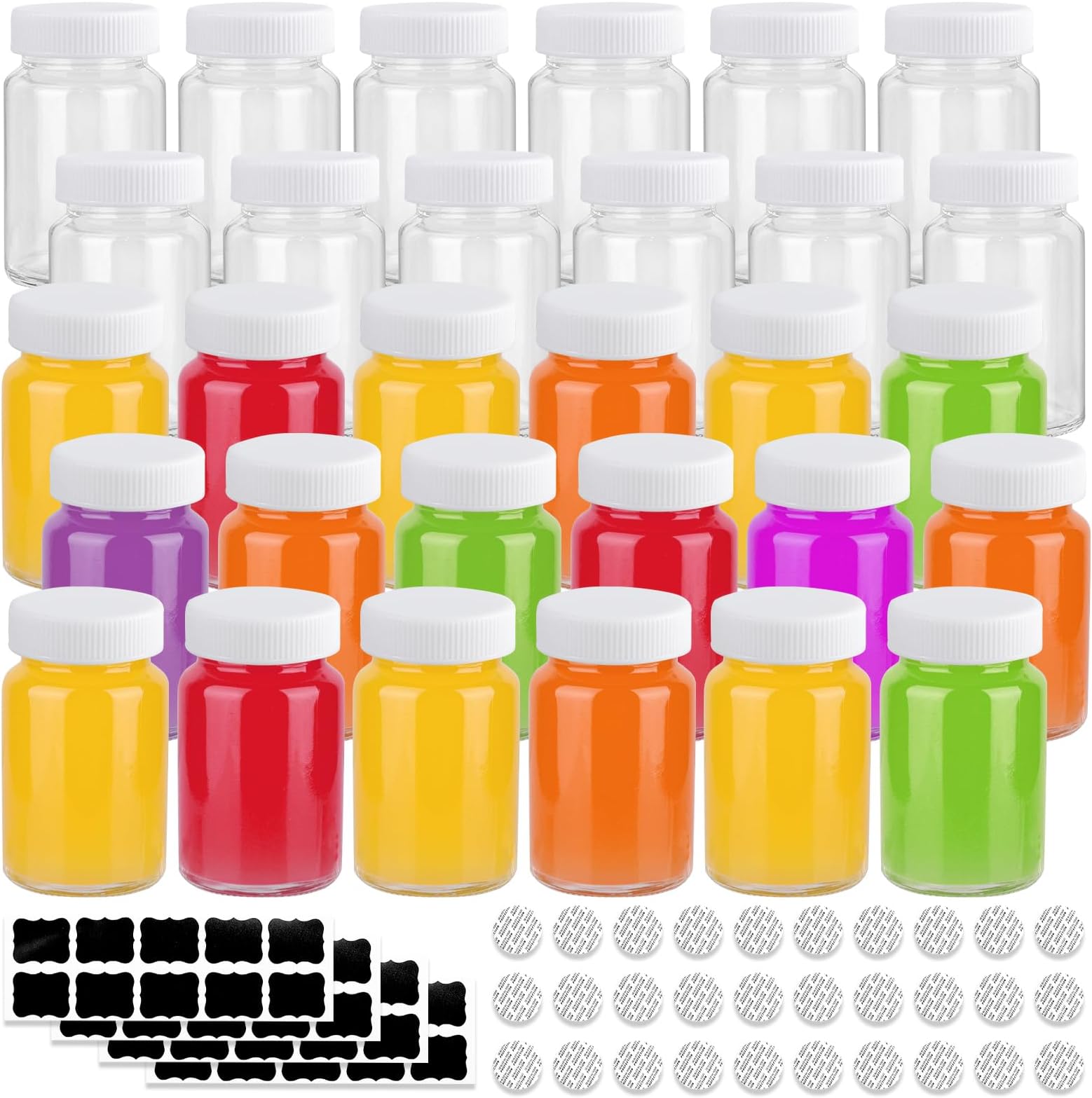 HINGWAH 30 Pack 2 OZ Glass Shot Bottles with Caps, 60 ML Empty Wellness Juice Shot Bottles, Reusable Clear Glass Jars with Lids for Juice, Shots and Homemade Beverages