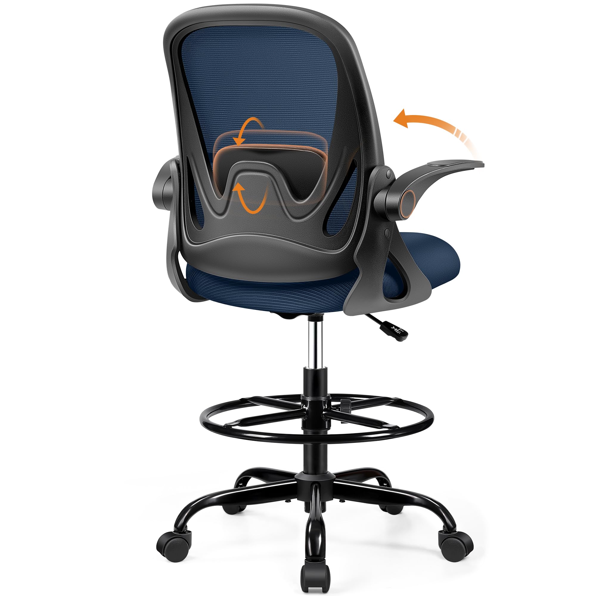 Drafting Chair Tall Office Chair with Flip-up Armrests, Adjustable Height, Enhanced Lumbar Support Ergonomic Rolling Stool, Back Support, Adjustable Foot Rest Ring for Standing Desk Navy