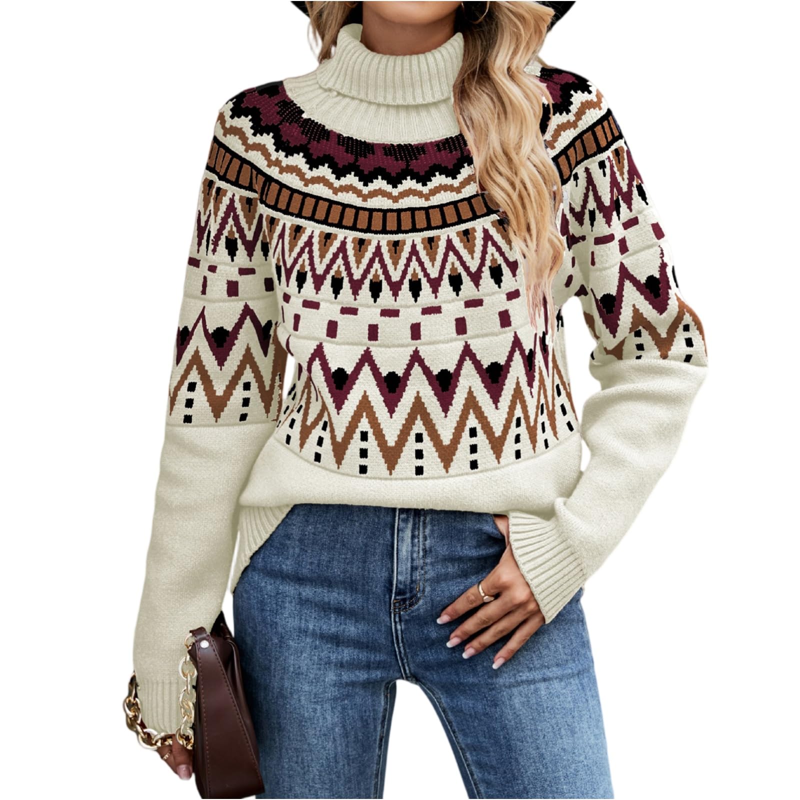 Womens Casual Lightweight high Neck Vintage Fair Isle Sweater Raglan Sleeve Knitted Warm Fall Tops S-XL