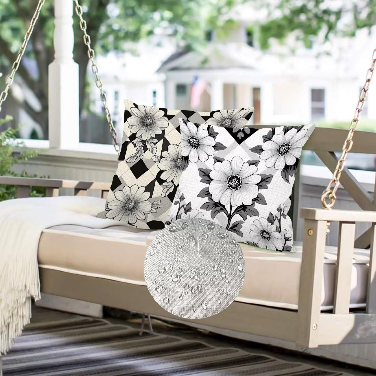 Fundas Cojines 70 x 70 cm Juego de 4 Cojines Exterior, Negro Flores (3) Lino Impermeable Sofa Fundas Cojin de para Sofá, Sala, Estar, Jardín, Coche, Decoración Del Hogar, con Cremallera Oculta m-263