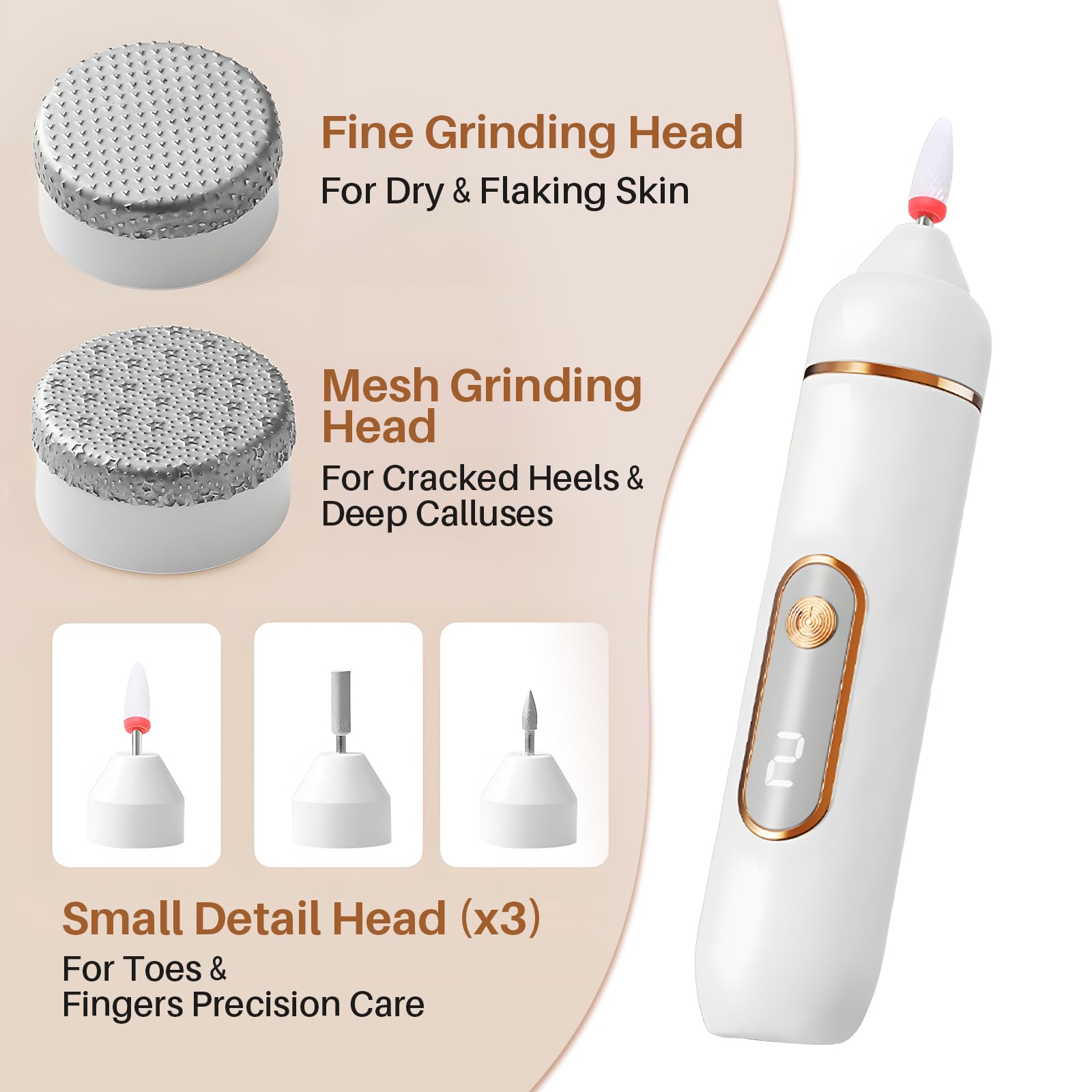 Éliminateur électrique de callosités pour pieds, 2 vitesses (1300/1500 tr/min) – Têtes remplaçables 5 en 1, élimine la peau sèche et les callosités pour des pieds plus lisses, soin idéal des pieds