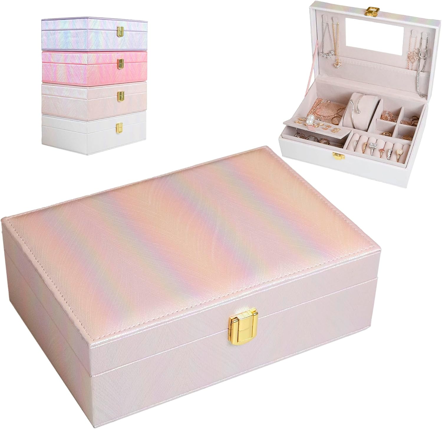 Customizable Rainbow Leather Box with Mirror, Jewelry Case, Jewelry Organizer, Jewelry Box for Women and Girls, Jewelry Organizer (Light Pink Rainbow)