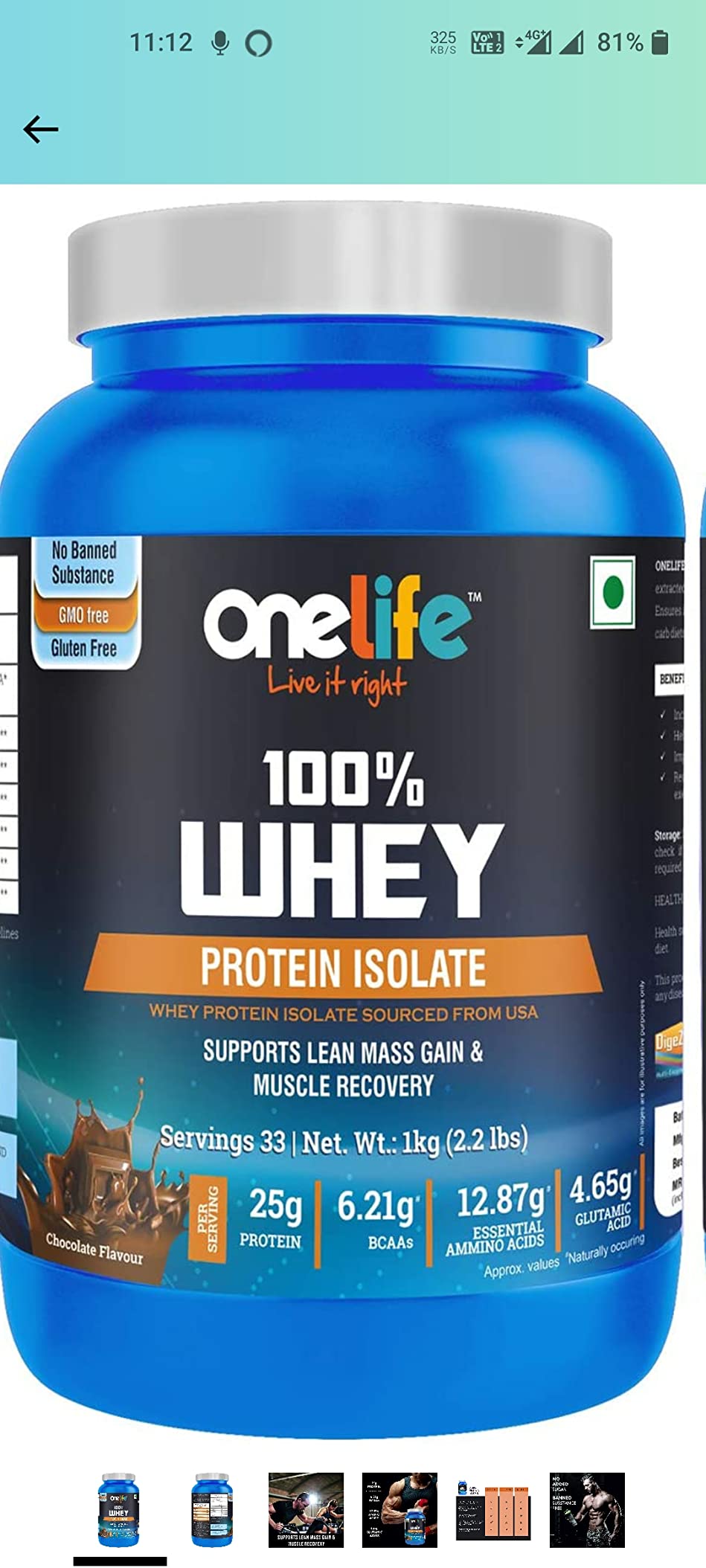 Onelife - Whey Protein Isolate Chocolate Flavor | 28g Protein, 7g BCAAs ...