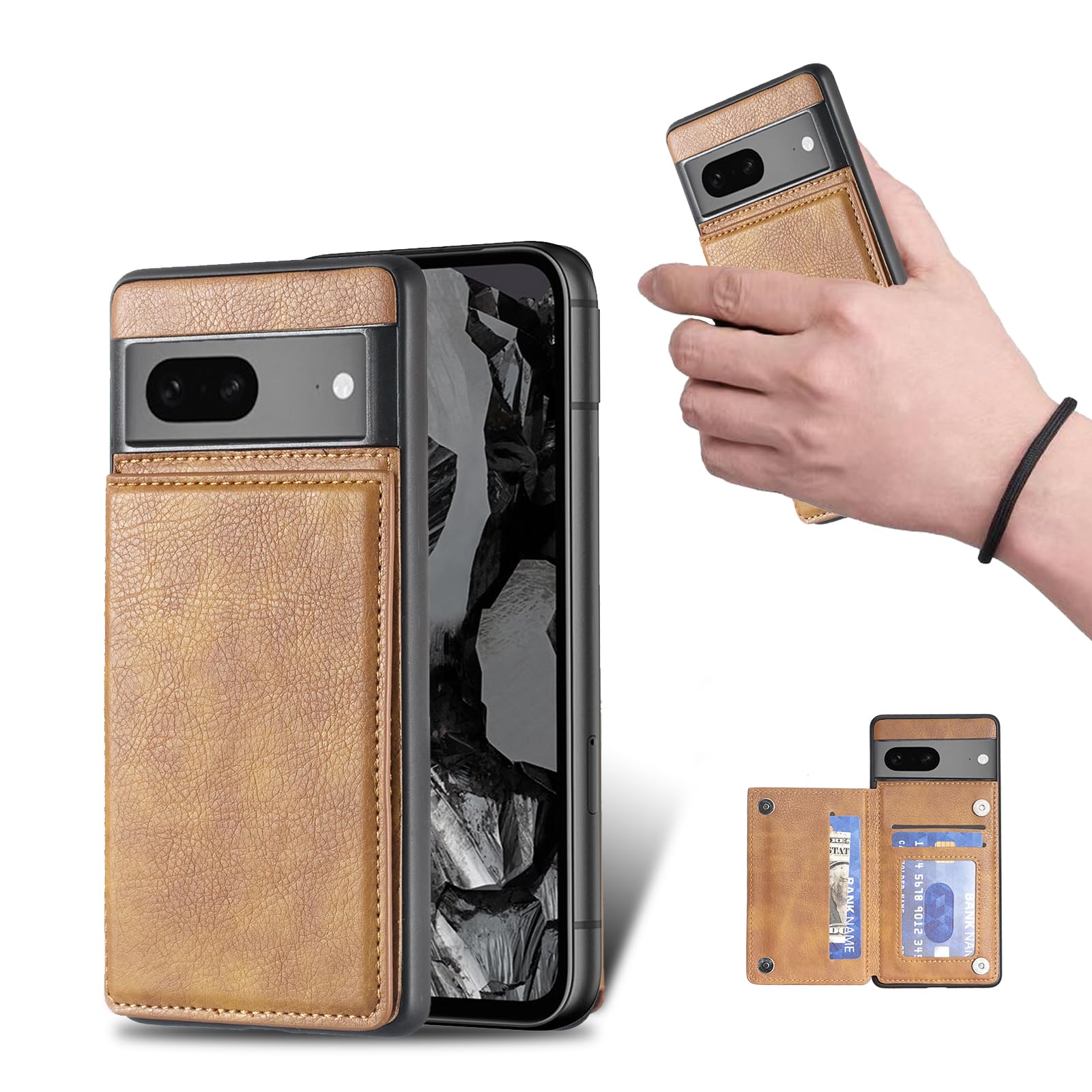 for Google Pixel 8A ケース スタンド機能 ケース ICカード収納 カード 背面カード収納 左と右の電話ケースを反転、シンプルなレトロなファッション、防水と防汚電話ホルダー、多機能財布収納付き、PUレザー、TPUソフトインナー（ブラウン）
