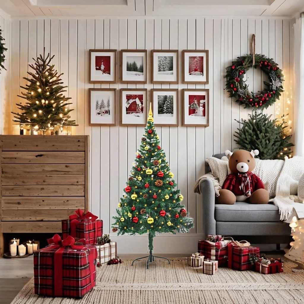5ft Pre-Lit Artificial Christmas Tree with LED Lights & Decorations, 150 Warm White LEDs with 4 Lighting Modes, PVC Green Holiday Tree with Baubles & Pine Cones for Indoor Outdoor Xmas Decor