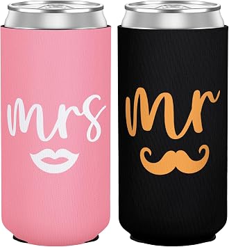 Mr and Mrs Can Cooler Set of 2, Insulated Neoprene Drink Sleeves for Bride and Groom, Wedding Gifts for Newlyweds, Engagement Gifts for Couples