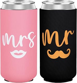 Mr and Mrs Can Cooler Set of 2, Insulated Neoprene Drink Sleeves for Bride and Groom, Wedding Gifts for Newlyweds, Engagement Gifts for Couples