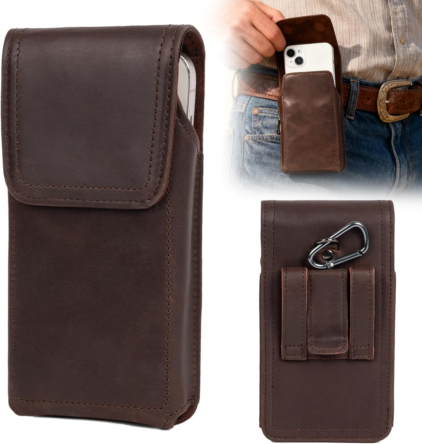 Leather Phone Holster - Genuine Full-Grain Buffalo Leather Cell Phone Holsters - for iPhone 16, 15, 14, 13pro, Galaxy S24, S23, S22-7.3" X 3.8" (Black, Large)