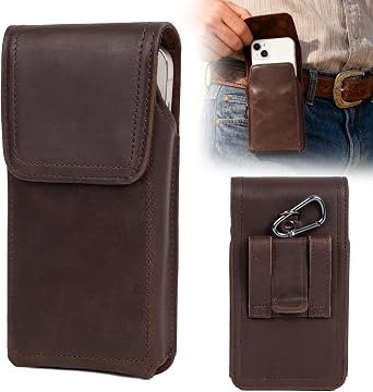 Leather Phone Holster - Genuine Full-Grain Buffalo Leather Cell Phone Holsters - for iPhone 16, 15, 14, 13pro, Galaxy S24, S23, S22-7.3" X 3.8" Dark Coffe, Large