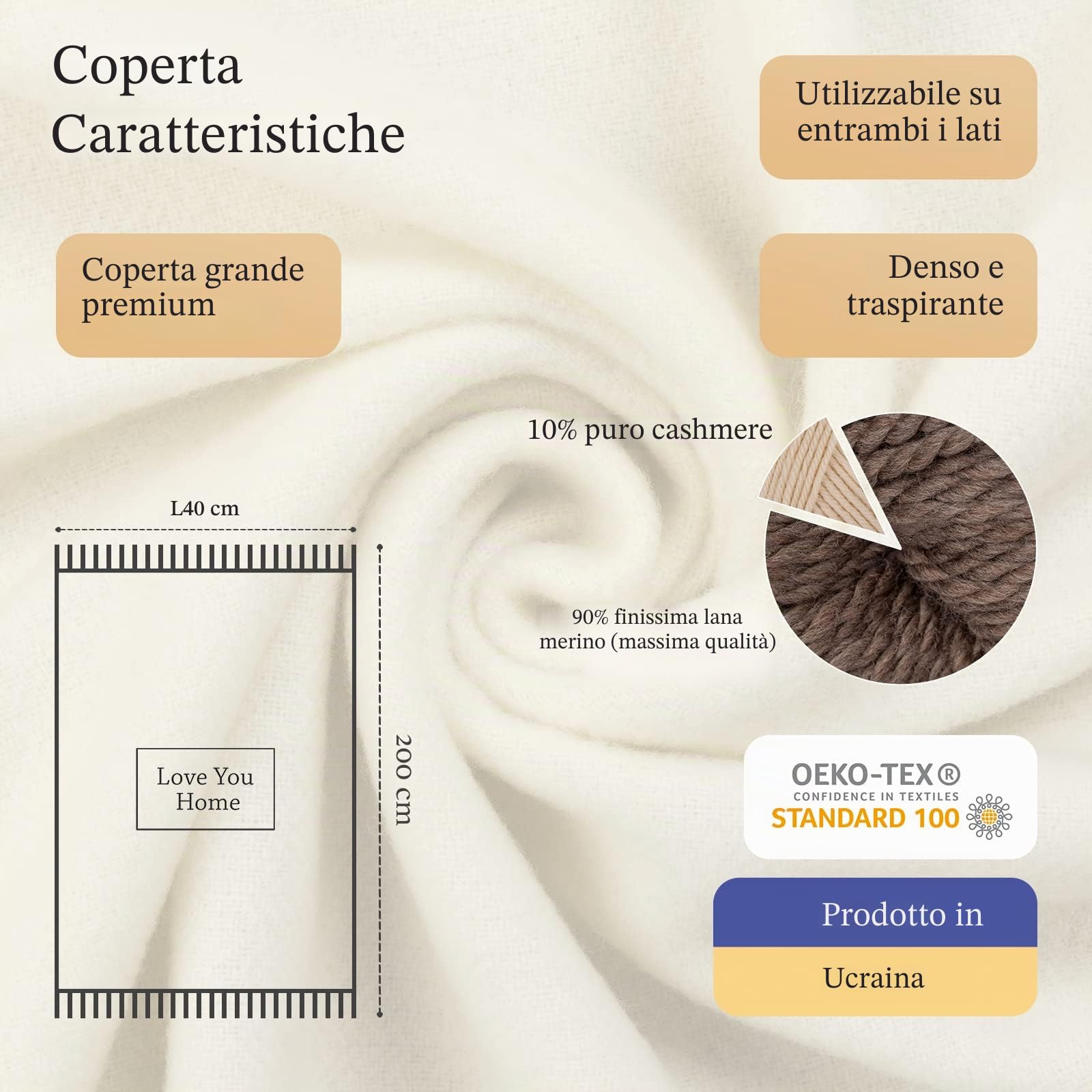 LYHome Plaid Cashmere e Lana Merino, Coperta per Letto e Divano 140x200 cm | Copriletto Caldo e Morbido, 10% Cashmere, 90% Merino, OEKO-TEX. Singolo Plaid Pura Lana per Estivo, Invernali | Bianco Sporco