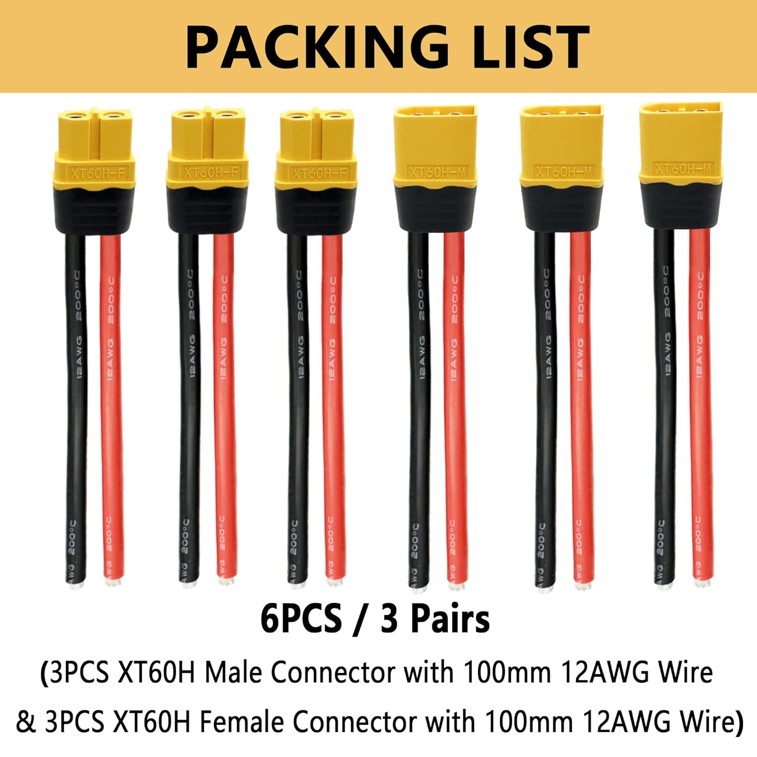 Amass XT60H Connector Plug Cable - Female and Male (XT60 Upgrade Plug) Connectors Adapter with 12AWG 100mm Silicone Wire for RC Lipo Battery Cable Drone Car Boat (6PCS)