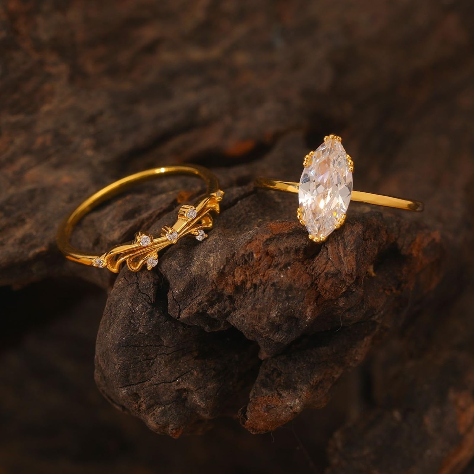 Anillo de mujer de oro, anillo de compromiso de oro blanco, juego de 2 unidades, con moissanite de 2 quilates, apilable, oro real