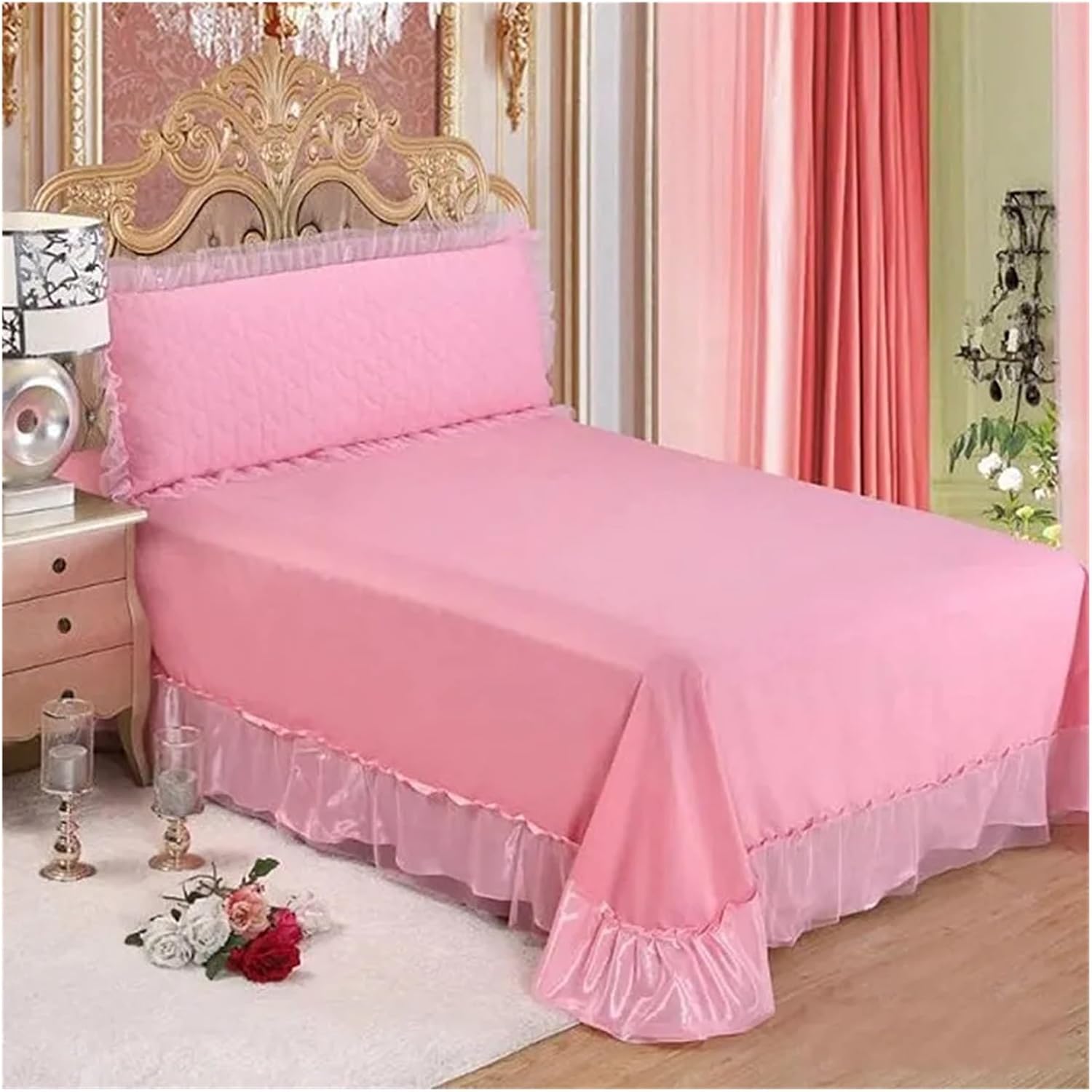 Bed, Red Pink Lace Princess Bedding Set 4/6/8pcs Luxury Girls Wedding Bed Set Quilt Cover Bed Sheets Queen King Size