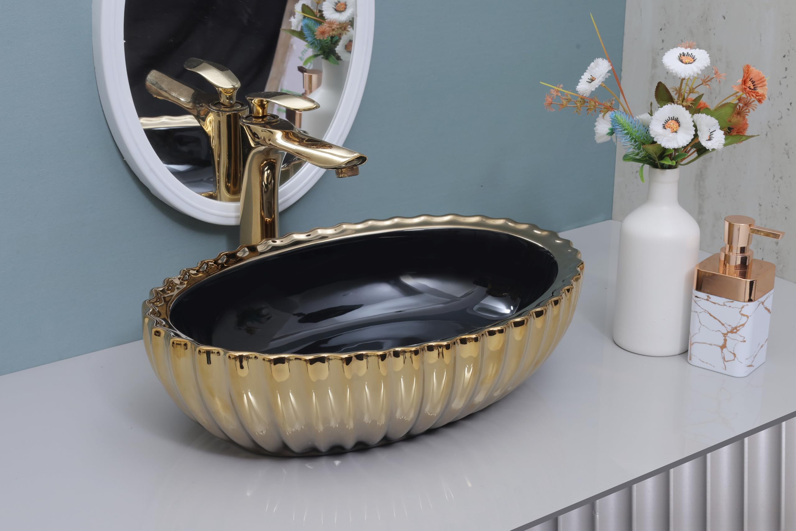 Hisre Ceramic Table Top Wash Basin 19 X 13.5 X 5 Inches | Over Counter/Countertop Wash Basin for Bathroom Golden & Black (Model - G3041), photo 2 of 4