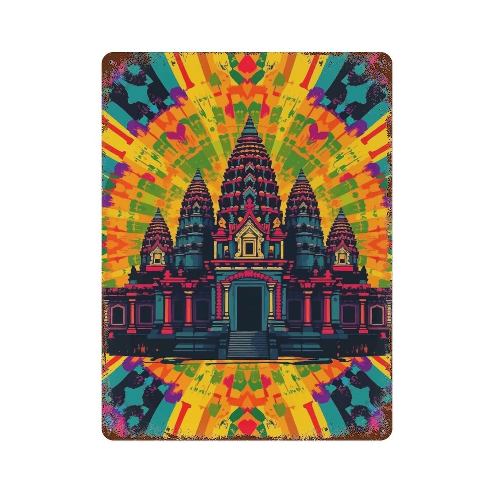 Rusty Metal Tin Sign Angkor Wat Psychedelic Art 15.7"x11.8", Industrial Home Decor for Patio, Garden Room And Bar Decor