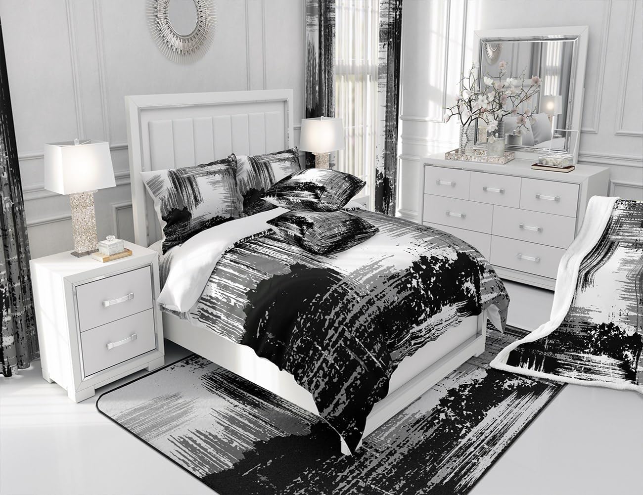 Manfei Abstract Comforter Set King Size, Modern Abstract Art Quilt Set with 2 Pillowcases, Grunge Style Black Grey Bedding Set 3pcs for Kids Boys Teens Room Decor Lightweight Duvet Insert
