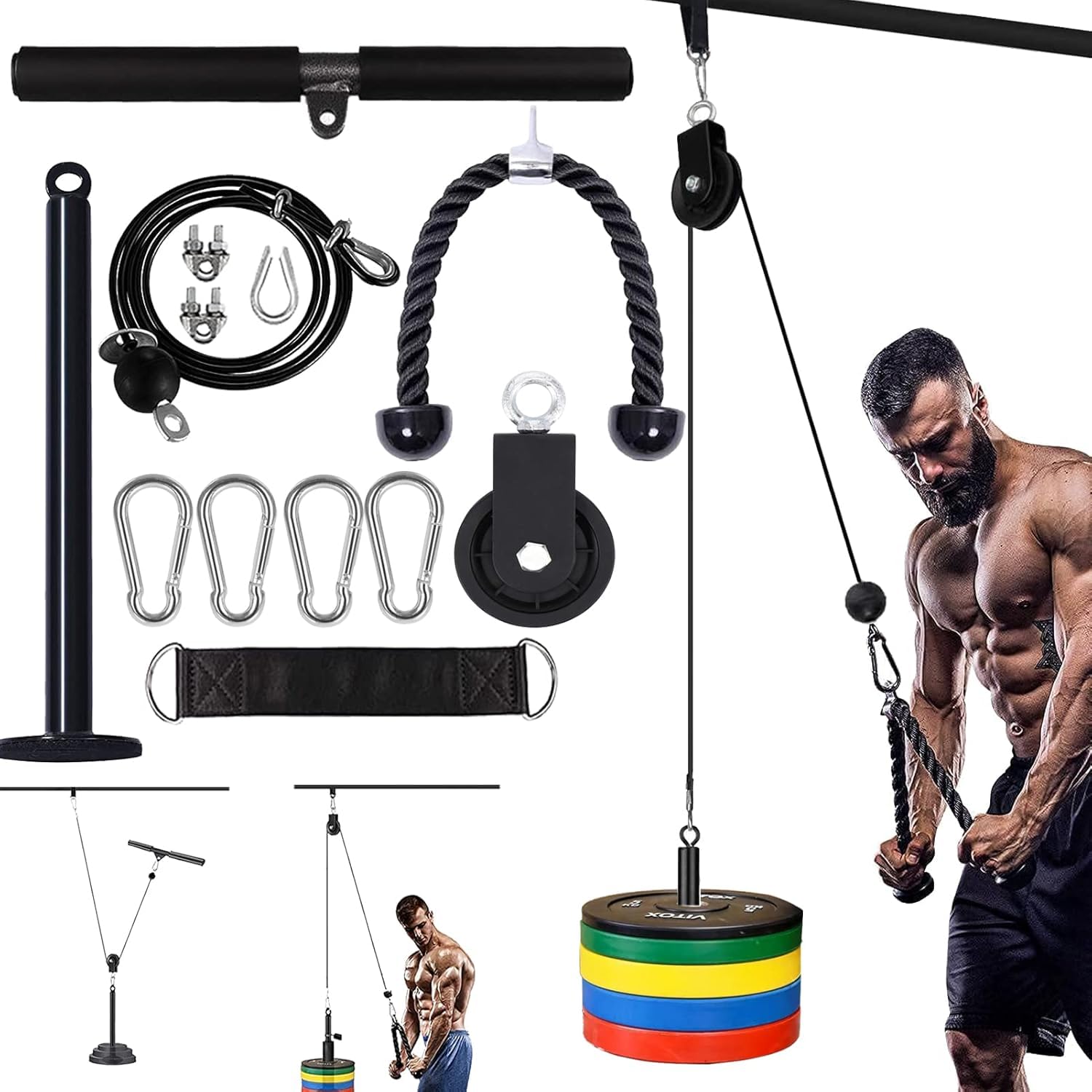 Kugooyi Weight Pulley System Home Gym Exercise Machine Strength Training Equipment Power Rack Accessories for Lat Pull Down, Biceps Curl, Forearm Workout (100'' cable)