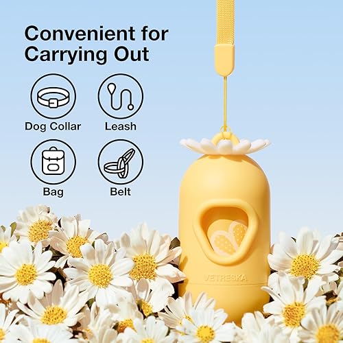 Miniatura 4 de VETRESKA Dispensador de bolsas para excrementos de perro con bolsas de basura perfumadas de margaritas, a prueba de fugas y bolsas extra gruesas