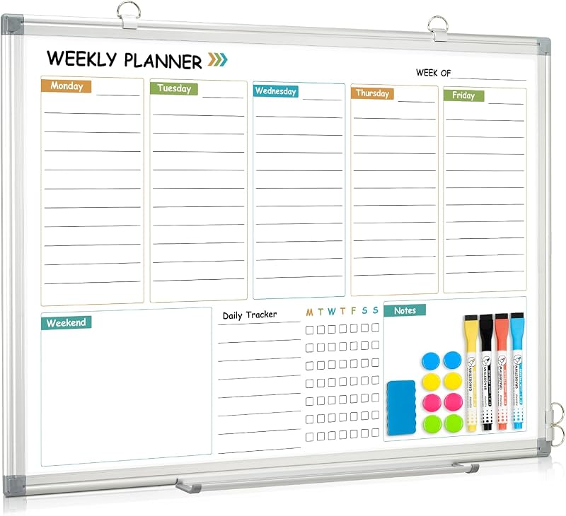 Weekly Dry Erase Calendar Whiteboard for Wall, 24" x 18" Planner | Double-Sided Magnetic, Aluminum Frame, Hang Wall Mount, Week Planning White Board with To Do List, Notes, Daily Tracker