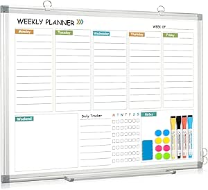 WALGLASS Weekly Dry Erase Calendar Whiteboard 24 x 18 inches Double-Sided Planner with Notes and Daily Tracker