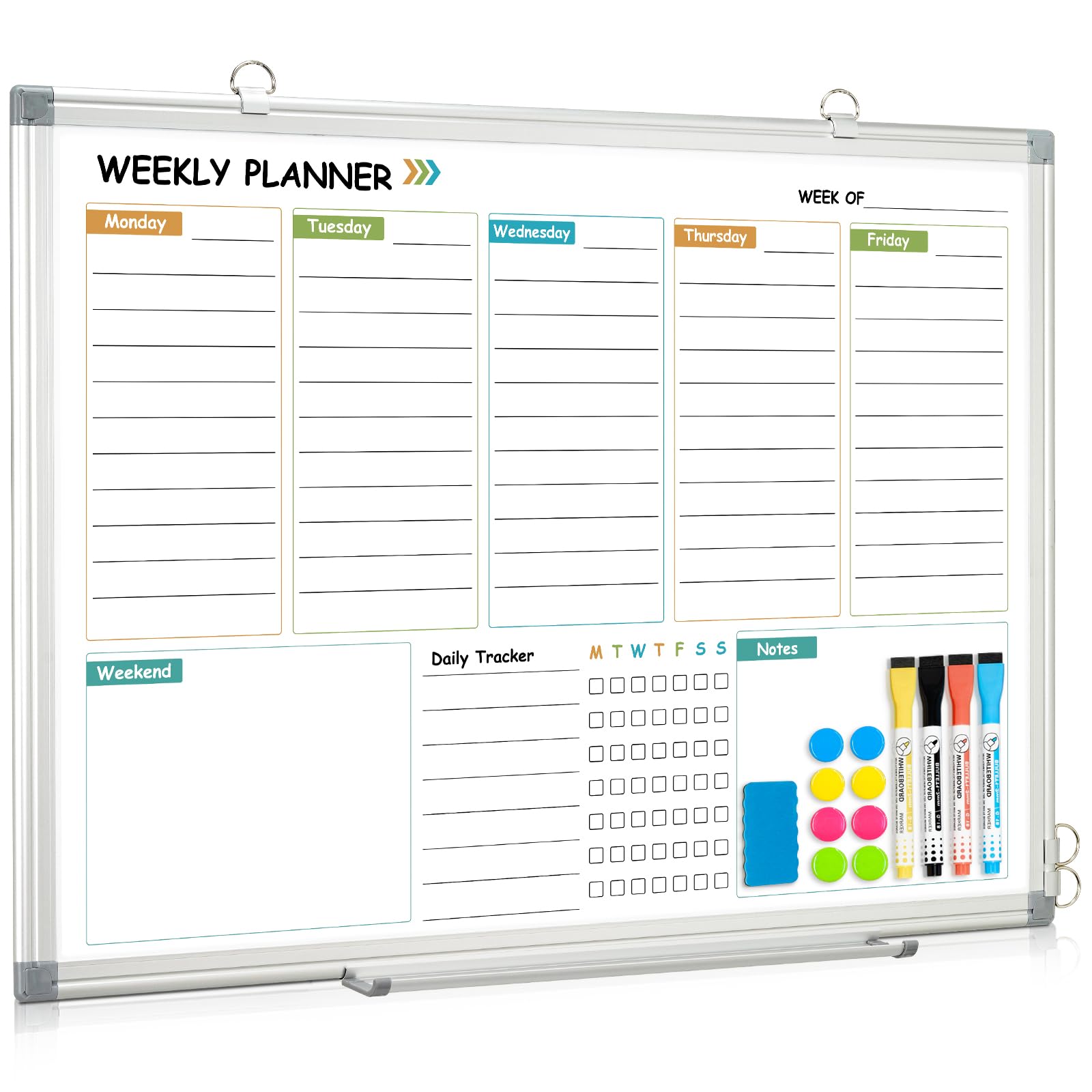 WALGLASS Calendrier hebdomadaire effaçable à sec pour mur, 61 x 45,7 cm, planificateur hebdomadaire double face avec notes, suivi quotidien, cadre en aluminium à suspendre et support mural pour la
