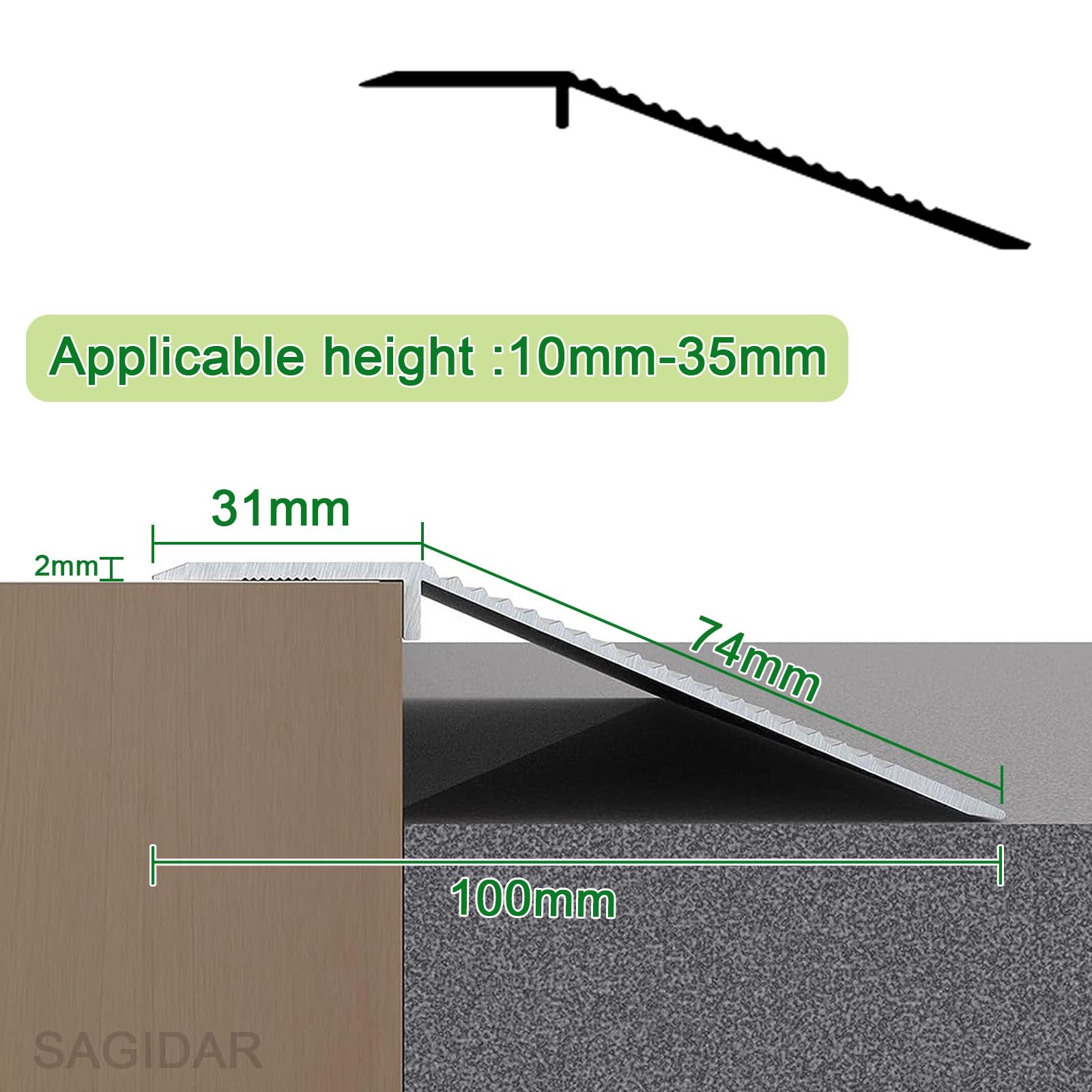 SAGIDAR Rail De Transition pour Sol Irrégulier, Bande De Seuil De Porte De Sol en Aluminium, Bandes De Transition De Seuil Robustes, Bandes De Connexion Antidérapantes, Barre De Seuil De 10cm Large