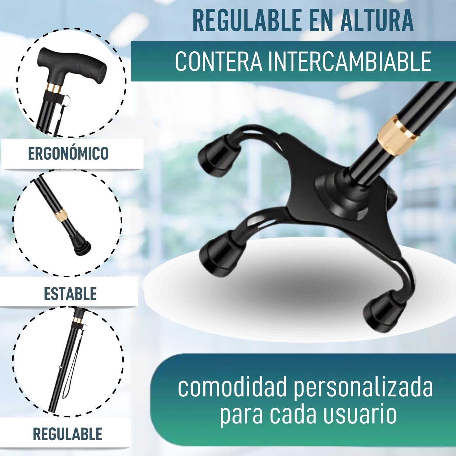 OrtoPrime Bastón 4 Patas Ergonómico Bastón Cuadrípode - Bastones para Mayores Regulables - Bastones Ortopédicos Mujer Y Hombre Baston Anciano -Bastones para Caminar Modernos Baston con Cuatro Apoyos