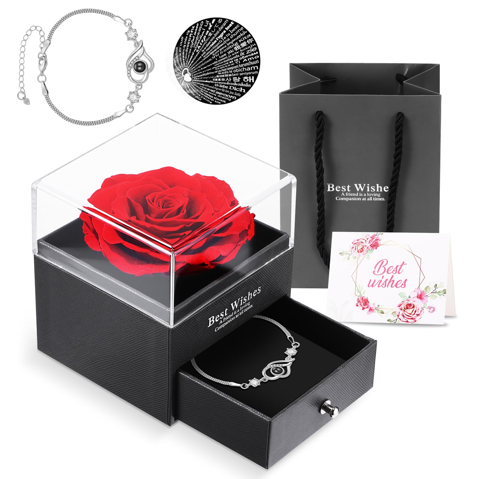 ALLOMN Regali con rose per donne, mamma, fidanzata, eterna vera rosa, scatola regalo con rose infinite, con i Love You, per la festa della mamma, compleanno, San Valentino, anniversario, Natale
