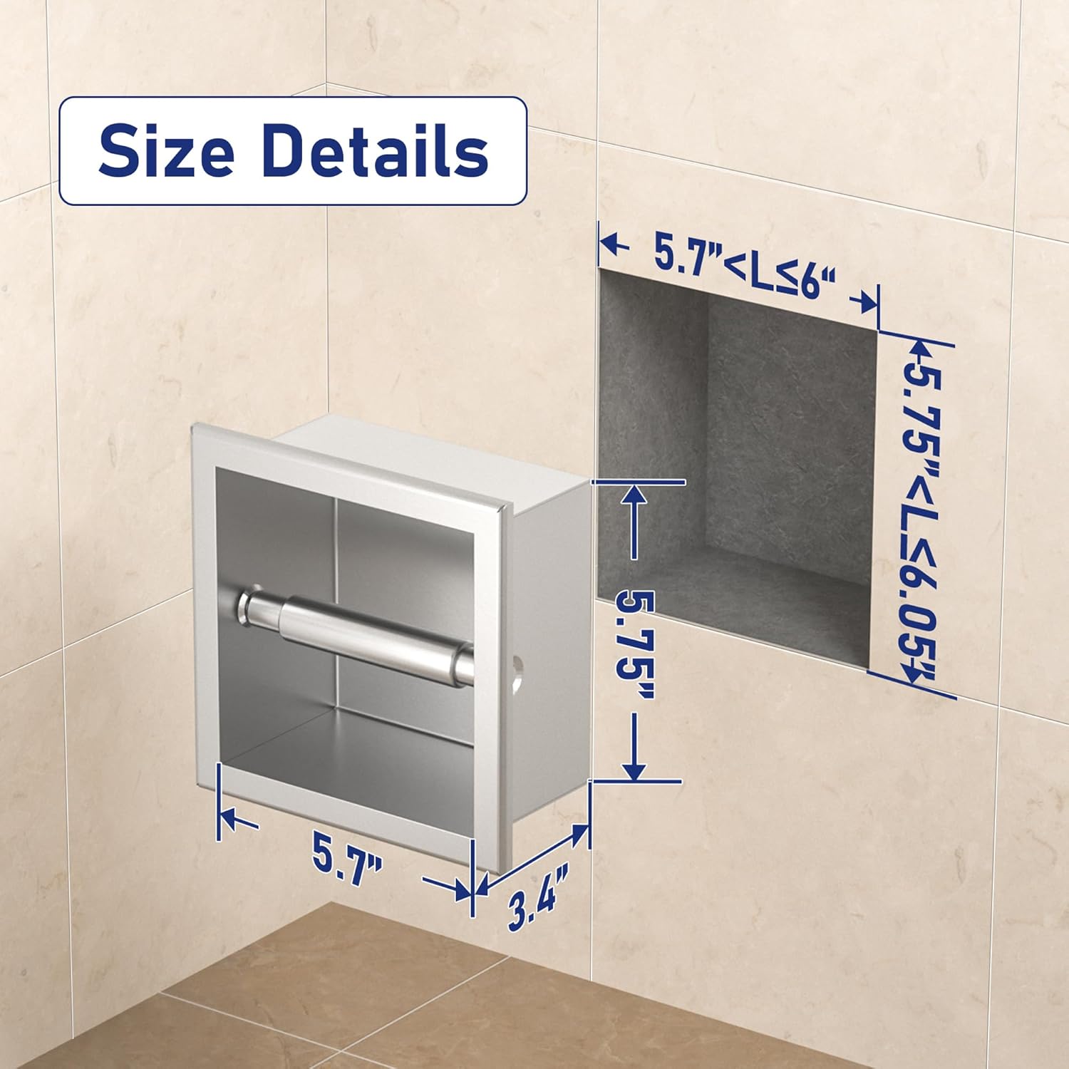 Toilet Paper Holder, in Wall Toilet Roll Holder for Bathroom Renovation, 304Stainless Steel Recessed Toilet Tissue Holder (Brushed)