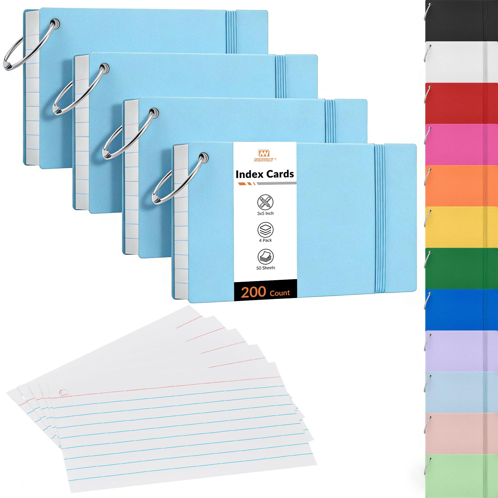 NEEWAY Ruled Index Cards with Ring 3x5 Inches, 200 Count Note Cards Lined, Flash Cards with Rings for Studying, Home and Office (Light Blue)