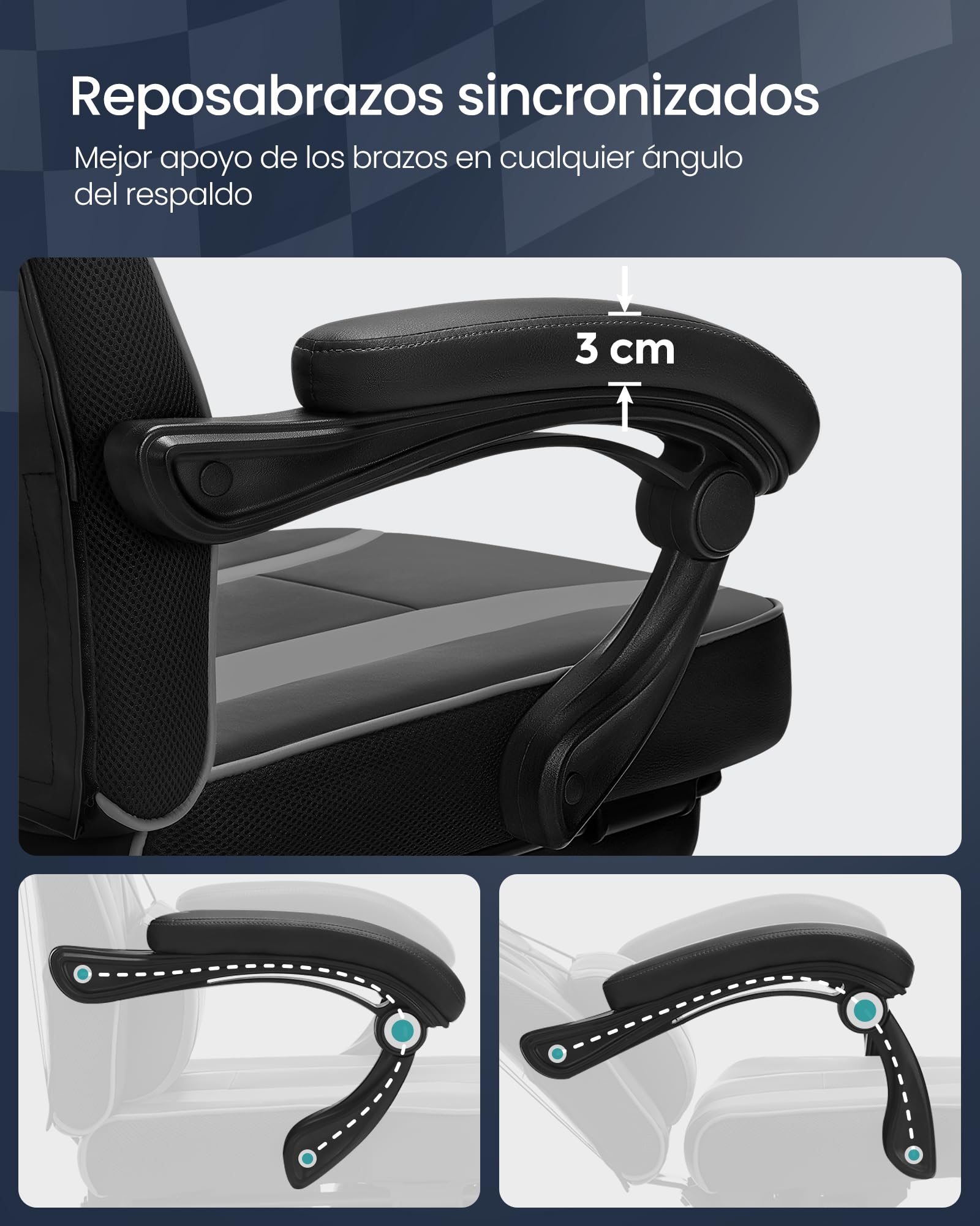 SONGMICS Silla de Oficina, Silla Gaming Ergonómica, con Reposapiés Telescópico, Respaldo Ajustable, Reposacabezas y Soporte Lumbar, Carga de 150 kg, Negro Tinta y Gris Paloma OBG073B03