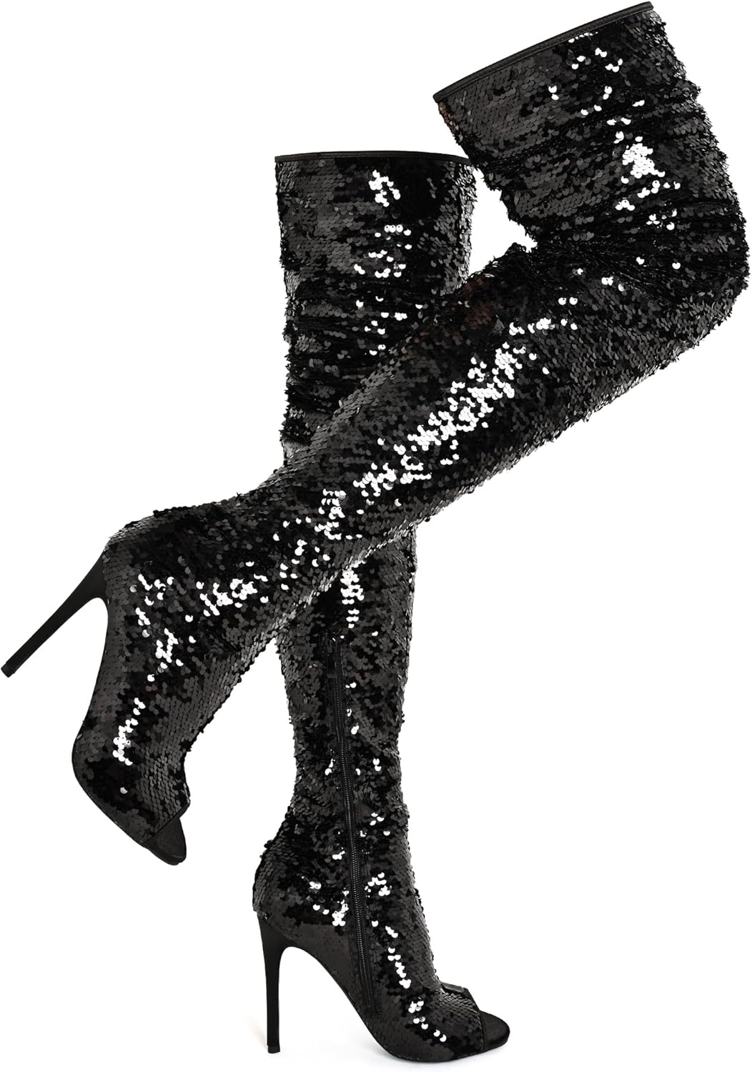 CAMSSOO Thigh High Boots for Women Sequin Open Toe Sparkly Stiletto Over The Knee Boots