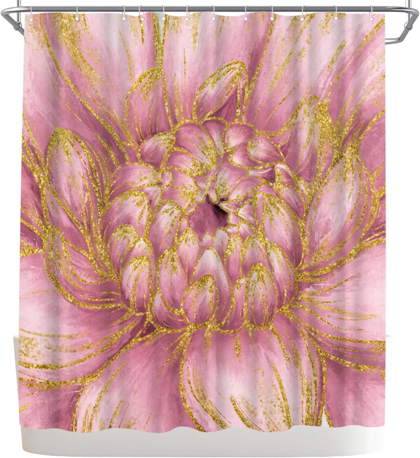 WELMECO Bathroom Decor Floral Shower Curtain, Gold Texture Printed, 72x72inch Flower Shower Curtain (Pink)