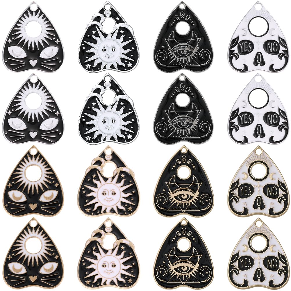 SUNNYCLUE 1 Box 32Pcs Ouijas Charms Planchette Charms Black White Halloween Divination Board Sun Metaphysical Message Heart Shaped Gothic Tarot Charm for jewellery Making Charms Occult DIY Supplies