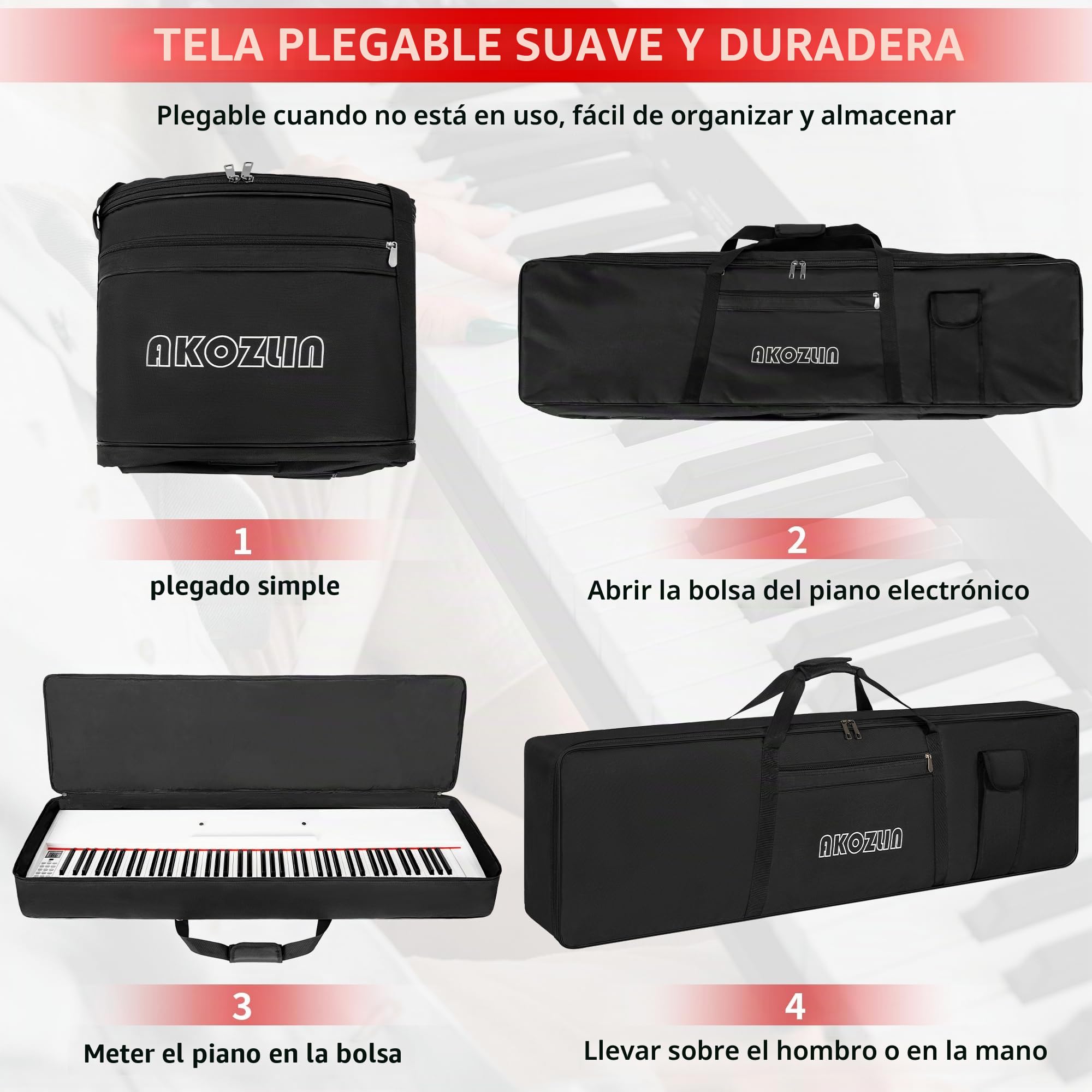AKOZLIN Funda para teclado para 61/76/88 teclas, portátil, para teclado de piano eléctrico, bolsa para conciertos 600D de tela Oxford con acolchado de 10 mm de espesor, negra, Negro, 88 Keys, Classic