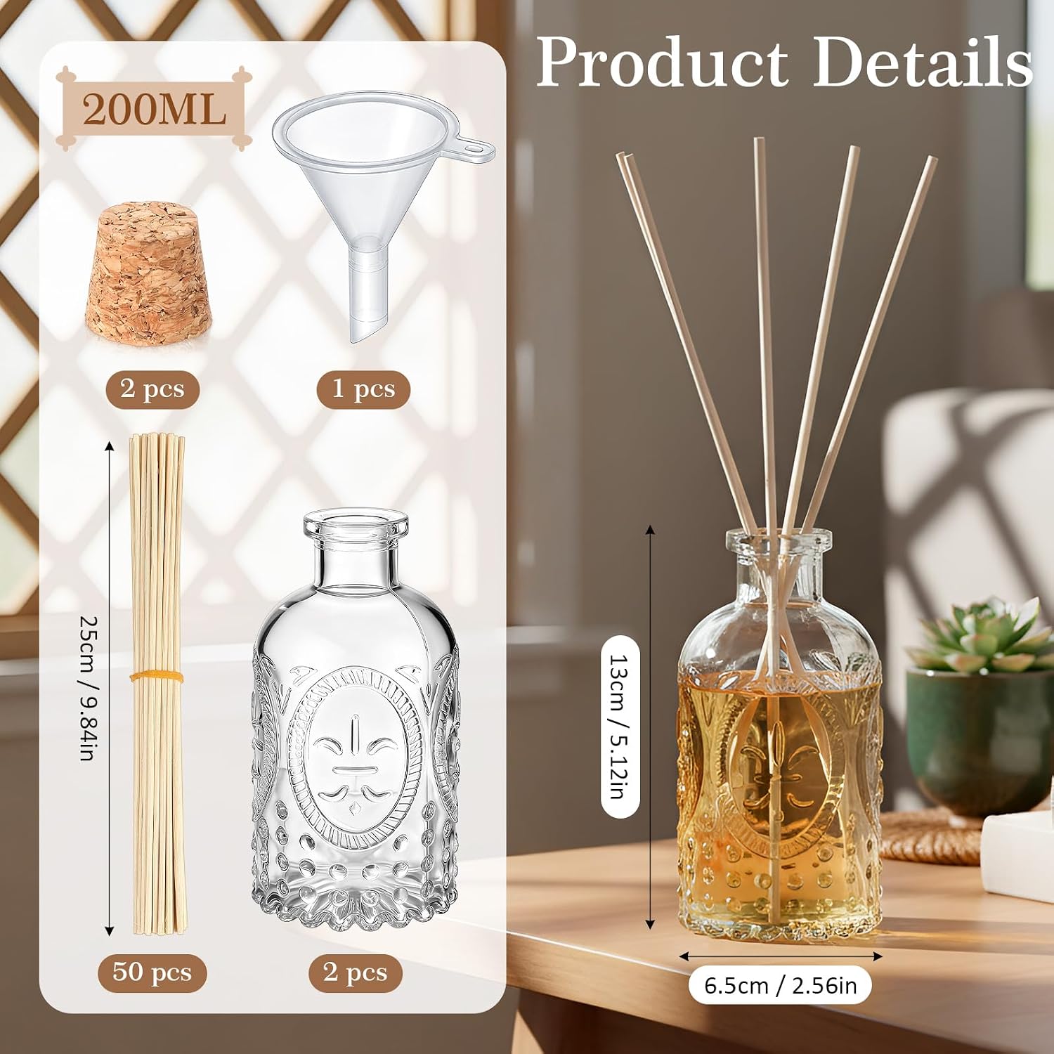LemonRoad 2 Set Glass Reed Diffusers Bottles Vintage Design Embossed Fleur