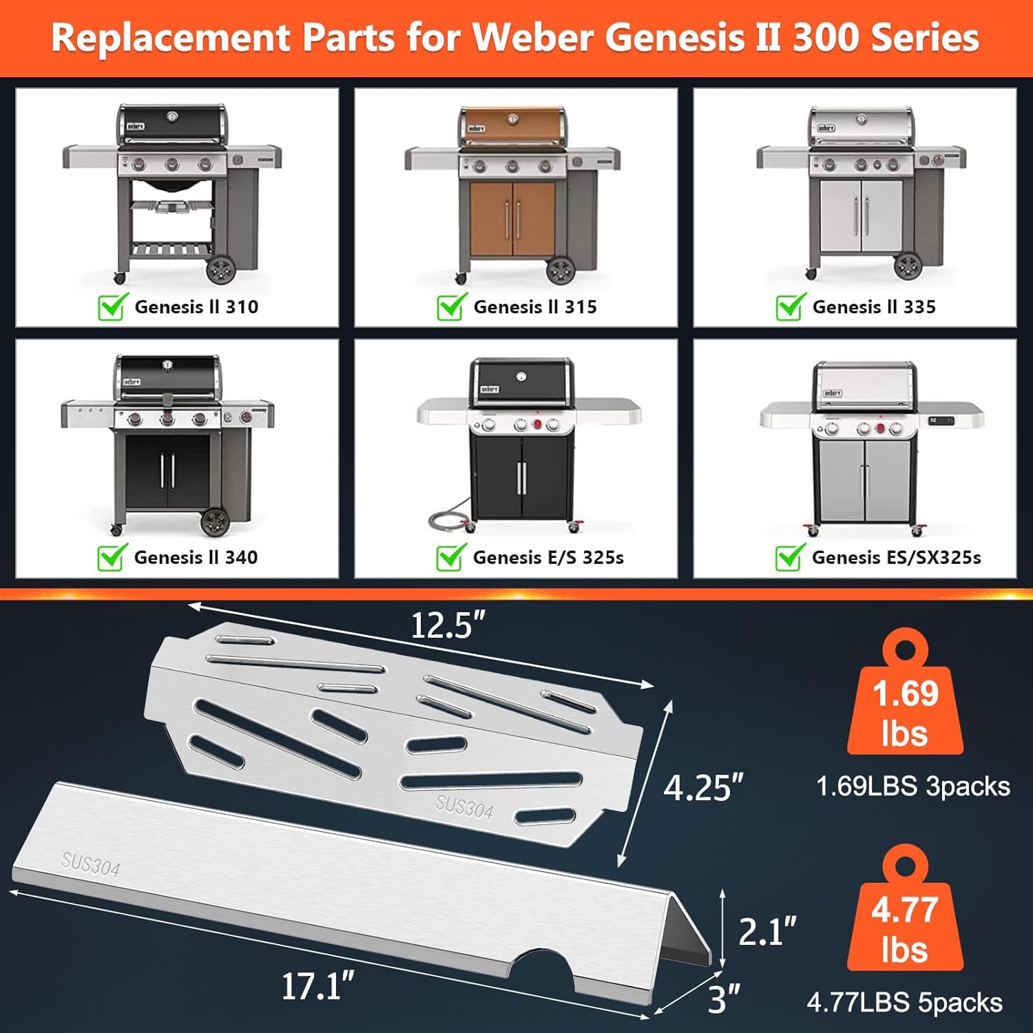 QuliMetal 93305 Catch Pan, Genesis ii Flavorizer Bars Heat Deflector Replacement Parts for Weber Genesis II 300 /LX 300