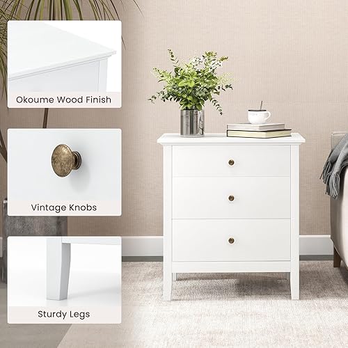 Miniatura 5 de Giantex Mesita de noche con 3 cajones, mesa auxiliar de madera con patas de madera maciza, mesita de noche retro de 3 cajones para dormitorio,