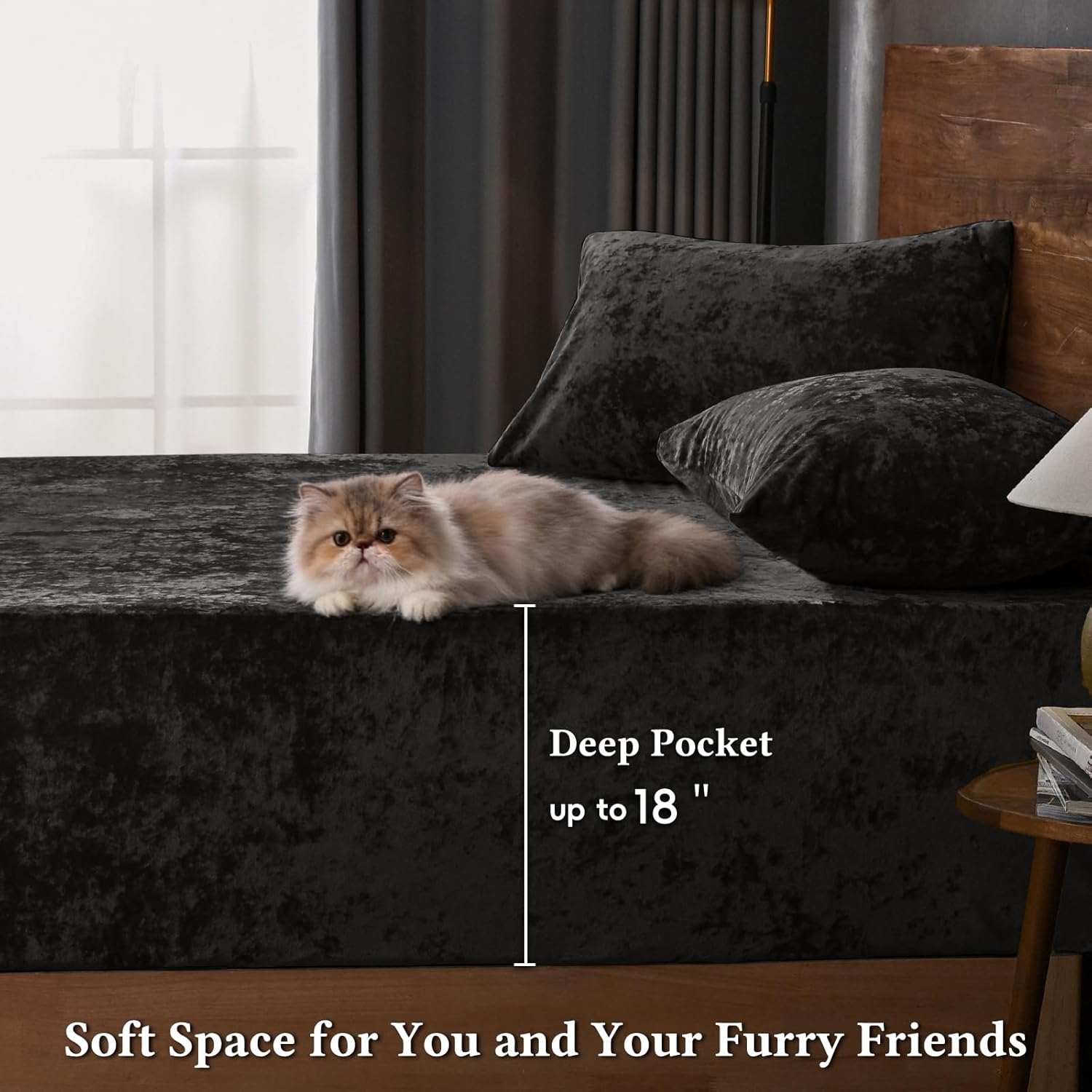 David's Home Velvet Fitted Sheet and Pillowcases Set King Size, Extra Deep Pocket up to 18", Soft Plush Fleece Bottom Sheet with Side Pocket & Elastic Corner Straps, Fall Winter, Black