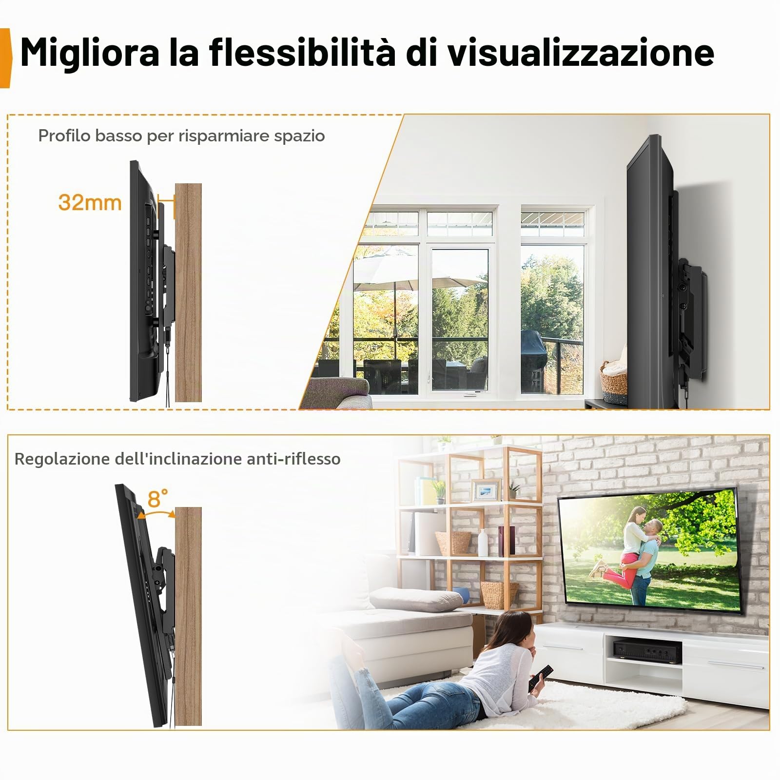 Perlegear Supporto TV Parete Inclinabile, Staffa da Parete per TV da 26"-65", Max VESA 400x400, Supporto TV Ultra Resistente 45kg