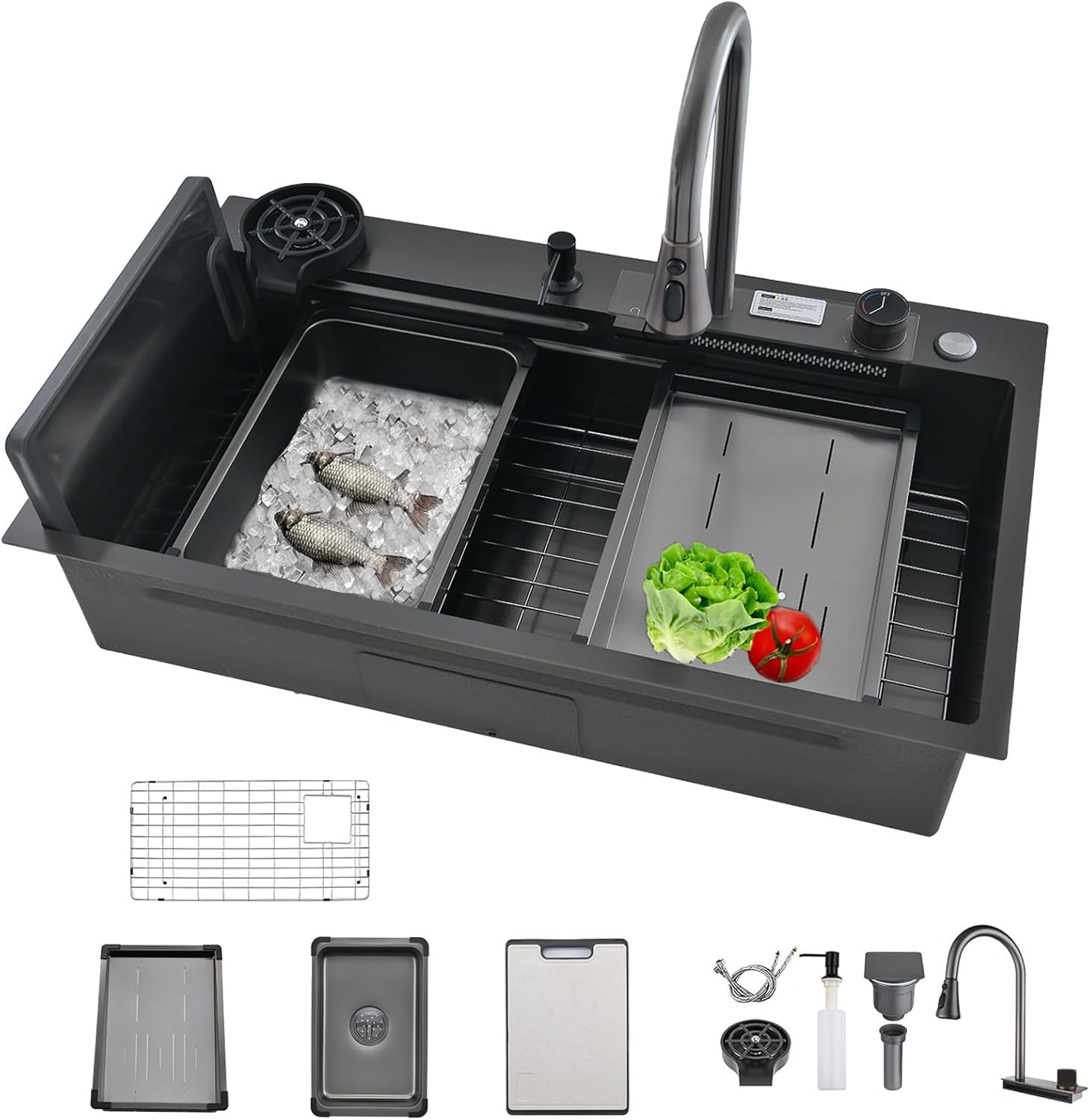 Waterfall Black Kitchen Sink, 30Inch Single Bowl Sink, Stainless Steel Multifunctional Drop In/Topmount Workstation Sink with Pull-out Faucet, Multiple Accessories (Black, 30x20in)