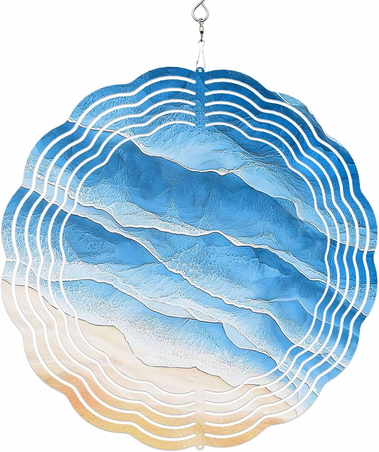 Blue Ocean Gradient Waves Wind Spinner for Garden Yard 3D Stainless Steel Hanging Wind Spinners, Summer Beach Coastal Spinners Outdoor Metal Decor for Lawn Patio Home